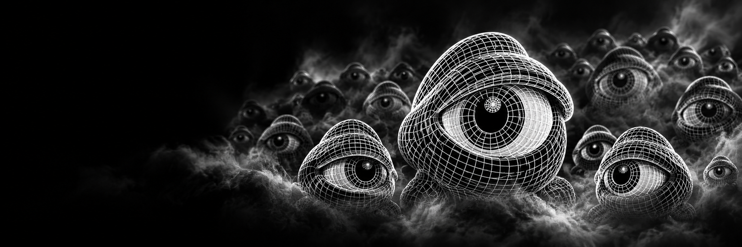A crowd of wireframe watchers emerging from black fog