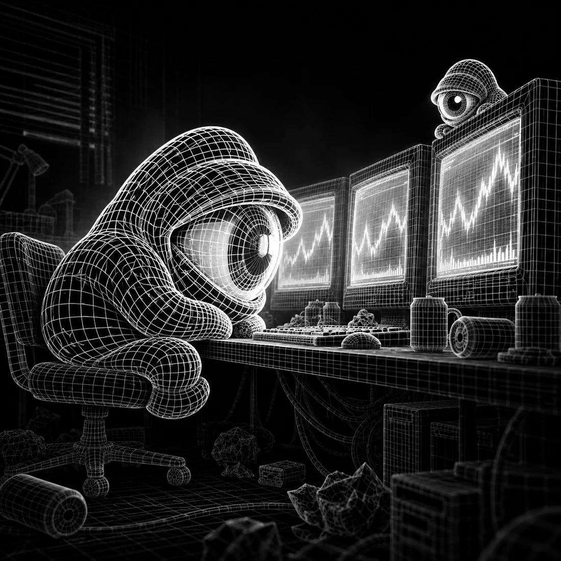 One wireframe watcher staring at three glowing CRT monitors