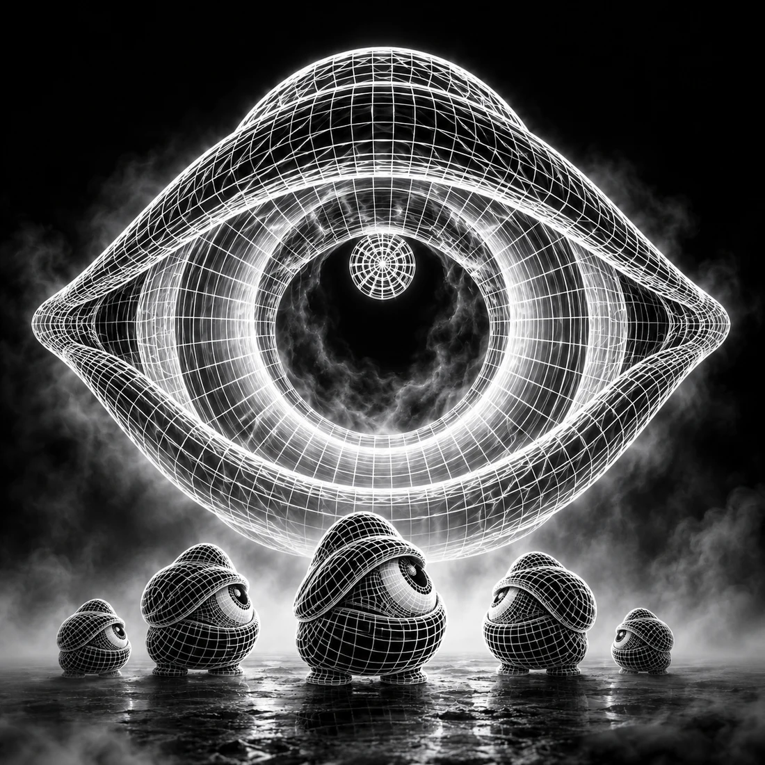 Five tiny watchers approaching a giant floating eye portal