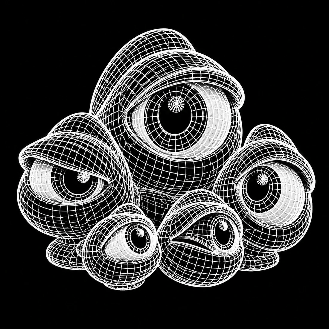 A family of five strange white wireframe creatures, each with one enormous eye